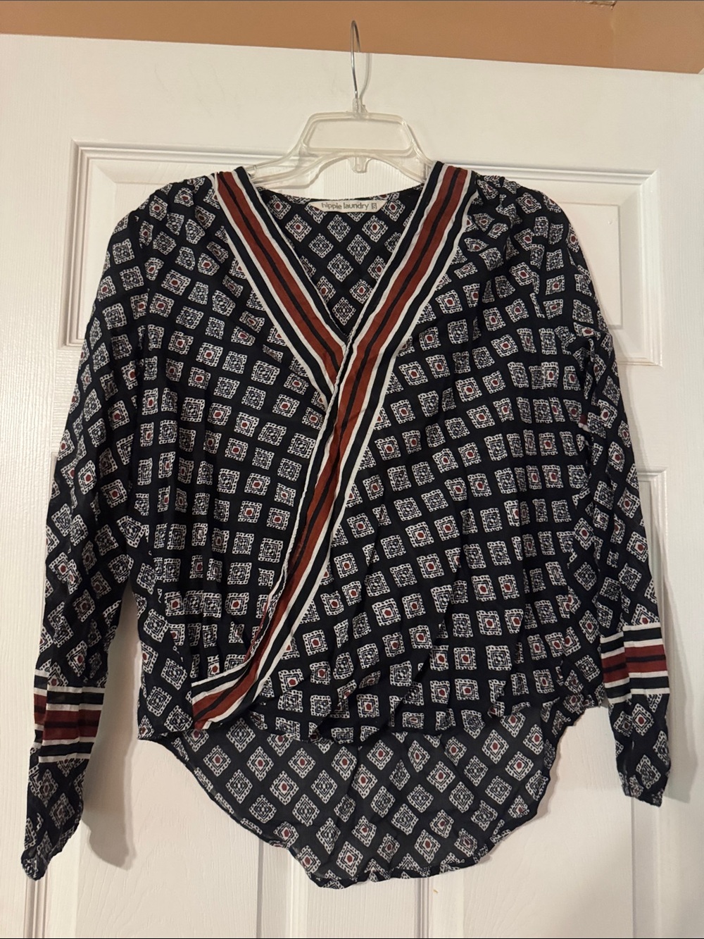 hippie laundry Navy Geometric Wrap Blouse with Rust Stripe